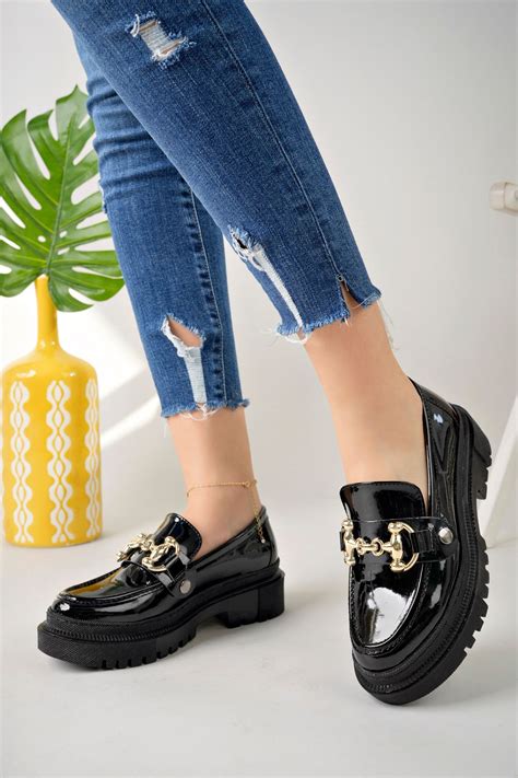 StWenn Women's Thick Sole Loafer Moccasin Shoes Patent Leather Black ...