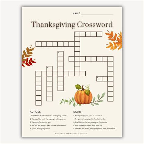 Thanksgiving Crossword Puzzles For Adults Printable | FREE Printable HQ