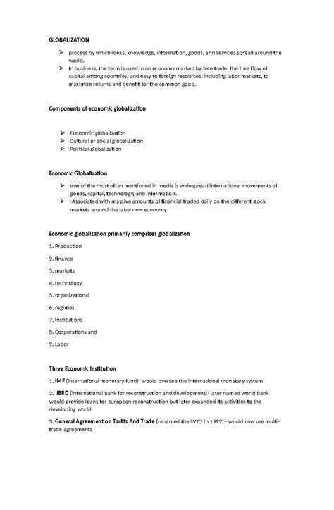 Components of Globalization - GLOBALIZATION process by which ideas, knowledge, information ...