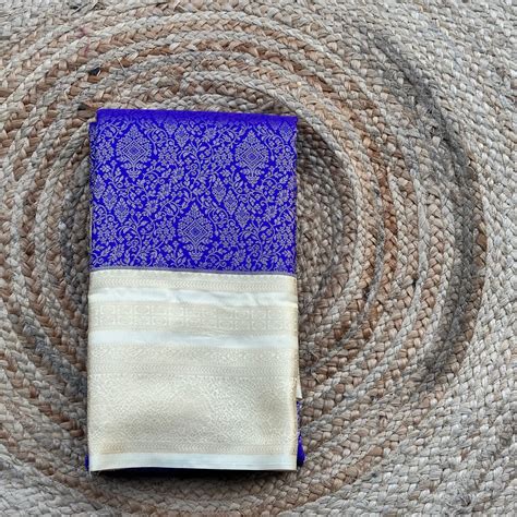 Royal blue and cream semi kanchi sarees