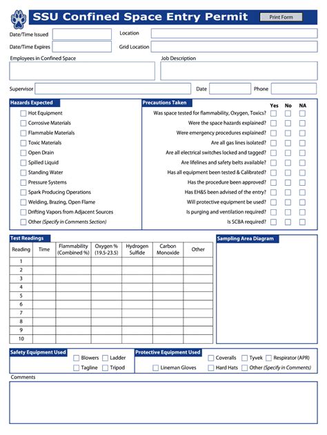 Confined Space Entry Permit - Blank Fillable Template | Fill Out, Print ...