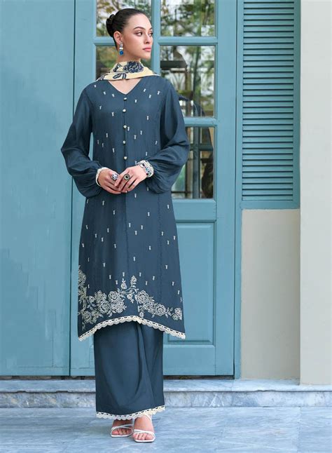 Varsha Blue Unstitched Cotton Salwar Suit Material with Embroidery ...