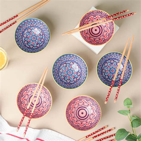 Mandala Floral Ceramic Bowl And Chopstick Multicolour Set Of 6 Online ...