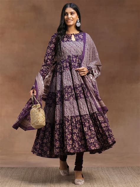 Buy Purple Printed Cotton A-Line Kurta With Churidar & Dupatta Online ...