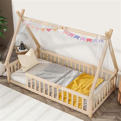 Tatub Twin Montessori Floor Bed Frame with Rails and Roof, Wood Tent ...