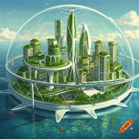 Futuristic eco-friendly dome city on water with monorail on Craiyon