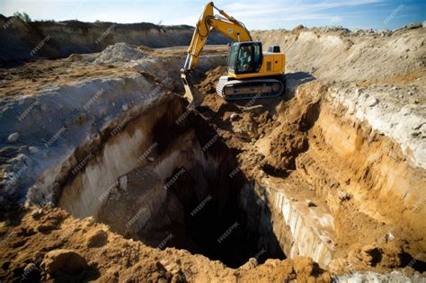 Premium AI Image | Excavator digging deep trenches or excavating a foundation for a building on ...