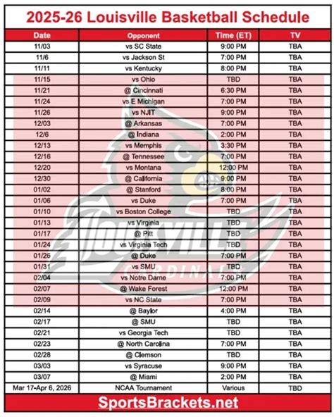 Printable 2025-26 Louisville Basketball Schedule; PDF format, TV ...