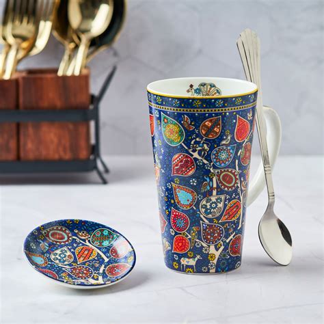 Blue Jaali Tall Mug with Spoon and Coaster – Set of 1 (500 ml) – Golden ...