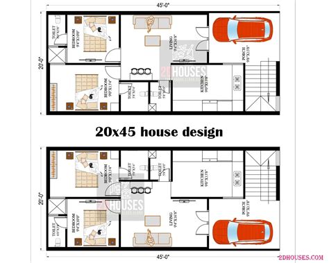20x45 West-Facing House Designs with 2BHK: 100 Gaj Plan - 2DHouses ...