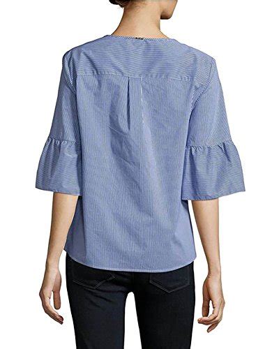 Buy Ivanka Trump Womens Blue Split Neck Ruffle Bell Sleeve Stripe Top ...