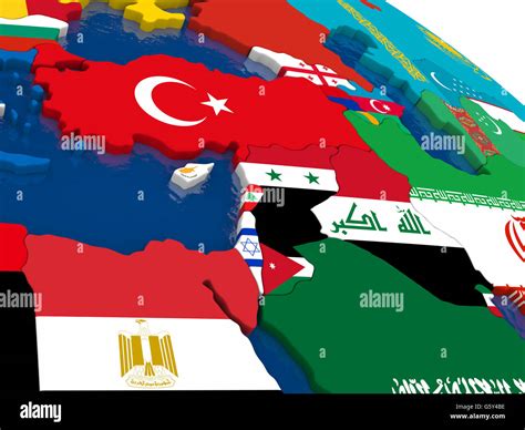 Map of Middle East with embedded flags on 3D political map. Accurate official colors of flags ...