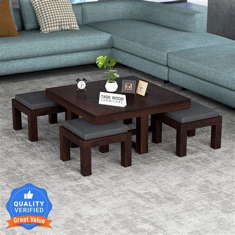 Taskwood Furniture Solid Wood Sheesham Wood Coffee Table With 4 Stools ...