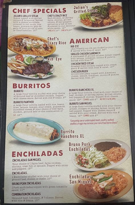 Menu at Taqueria San Miguel restaurant, Bossier City