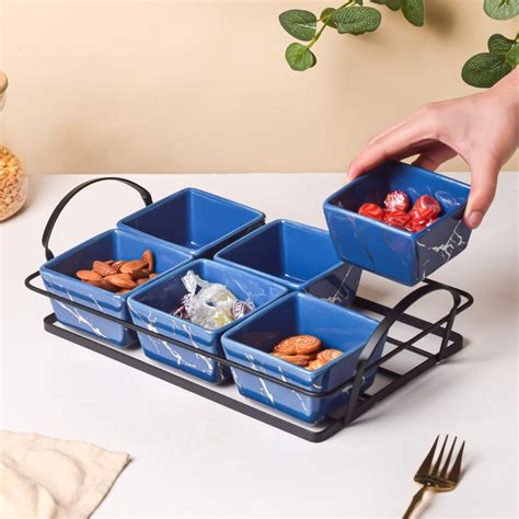 Cerulean Silver Ceramic Bowls Tray Set Of 7 200ml