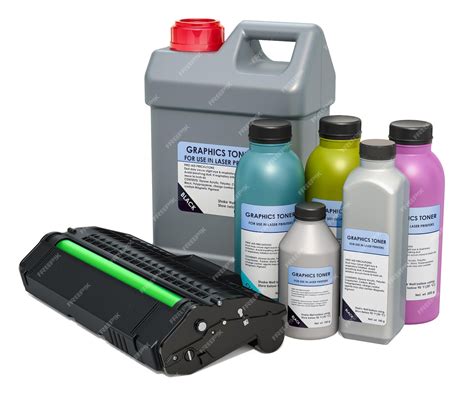 Toner cartridge with colored graphics toner in the bottles 3d rendering ...