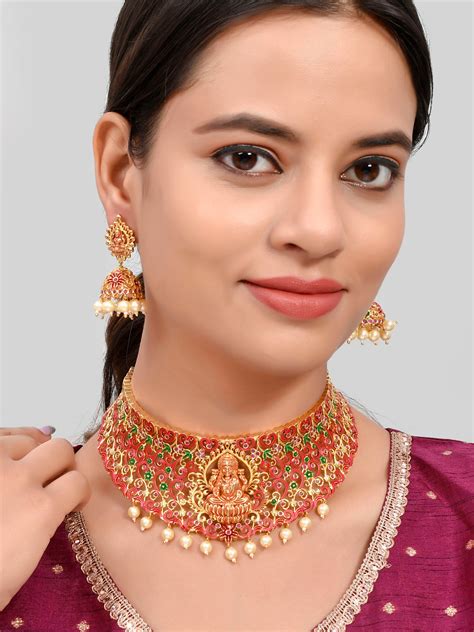 Buy Gold Plated Red & Green Stone Studded Laxmi Temple Jewellery Set ...