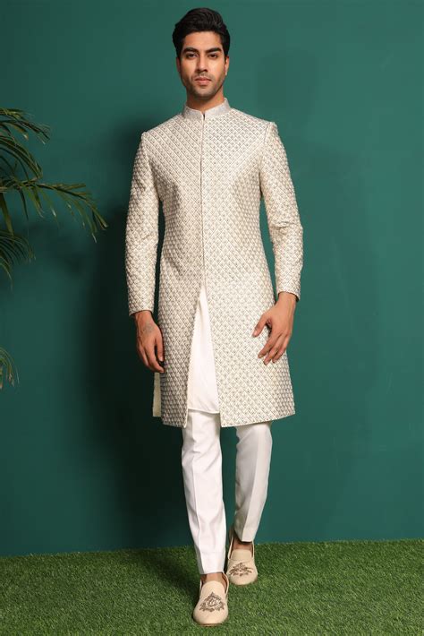 Ivory White Sherwani heavily embellished with moti and cutdaana ...