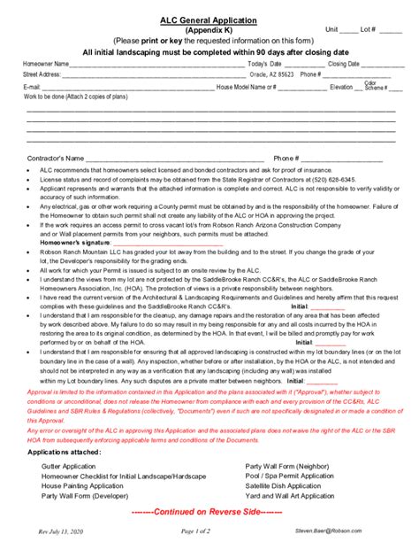 Fillable Online ALC General Application Appendix K Unit Lot # (Please ...