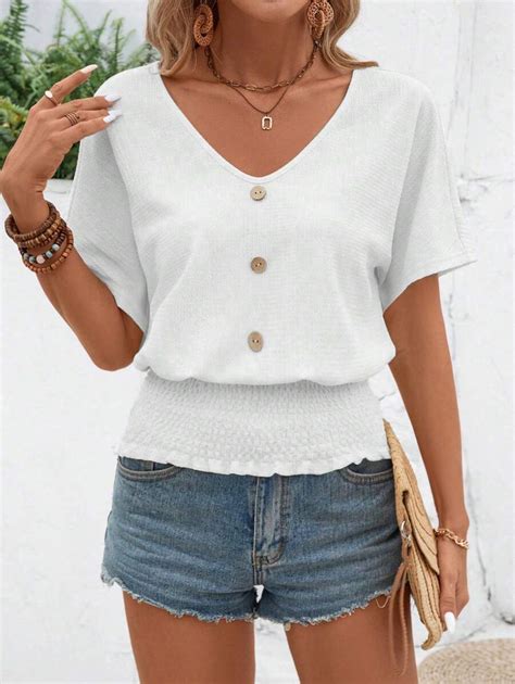 EMERY ROSE Women's Summer Solid V-Neck Batwing Short Sleeve Button ...