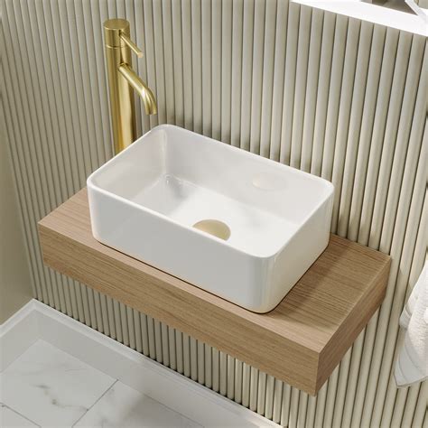 560mm Wood Effect Wall Hung Floating Vanity Shelf and White Basin - Evora - Better Bathrooms
