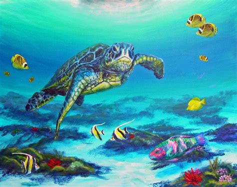 Painting of sea turtle with parrotfish in Hawaii | Sea turtle art ...