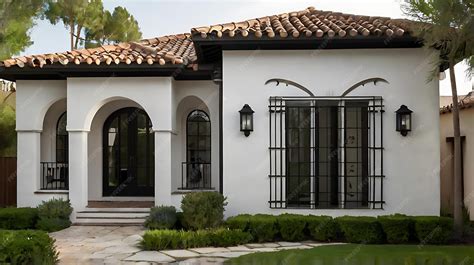 Front view of a stunning Spanish style house in white and black ...