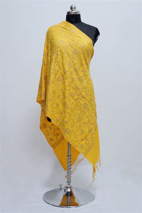 Yellow colour aari work embroidered stole embellished with swarovski