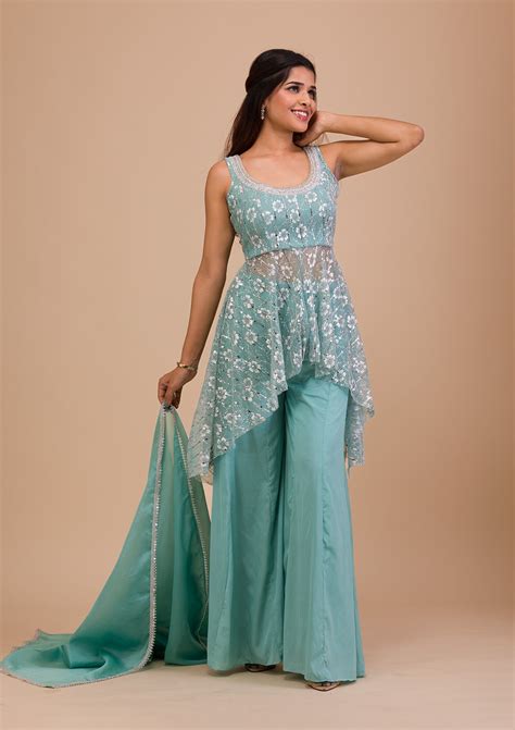 Buy Sky Blue Sequins Shimmer Readymade Salwar Suit - Koskii