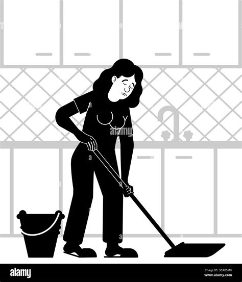 woman cleaning the kitchen floor with a mop and bucket. Domestic ...