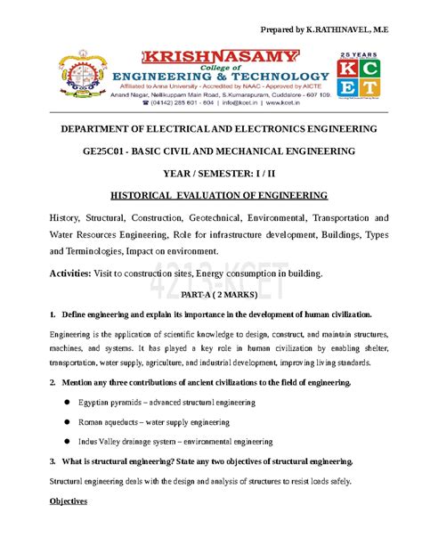 GE25C01 Basic Civil and Mechanical Engineering: Unit 1 & 2 Notes - Studocu