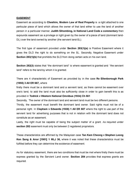 Draft law land final - EASEMENT Easement as according to Cheshire, Modern Law of Real Property ...