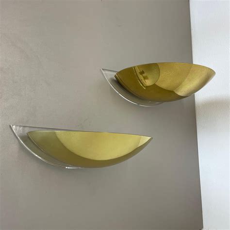 set of 2 Brass Acryl Glass wall lights by Vereinigte Werkstätten attr. Germany For Sale at 1stDibs