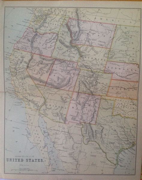 1880 UNITED STATES (West) map, antique, original, colour, historical ...