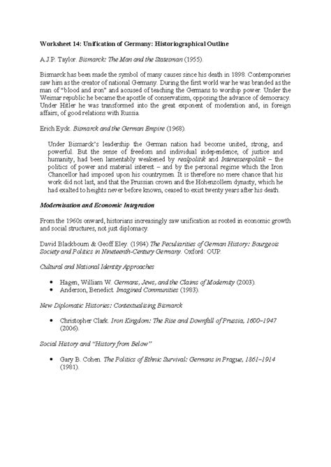 Worksheet 14: Historiographical Perspectives on German Unification ...