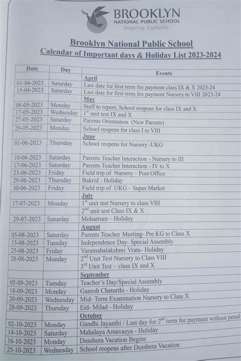 Academics Calendar | Brooklyn National Public School Vijayanagar