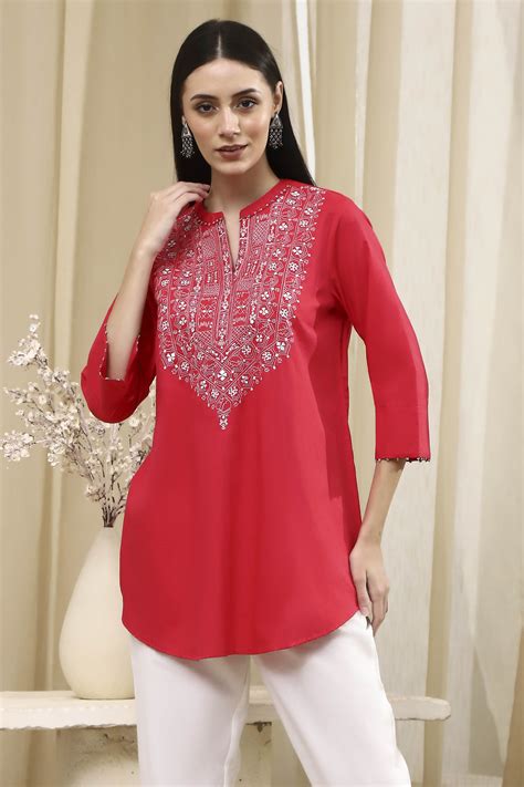 Buy Raspberry Embroidered Straight Short Kurta Online at Biba India