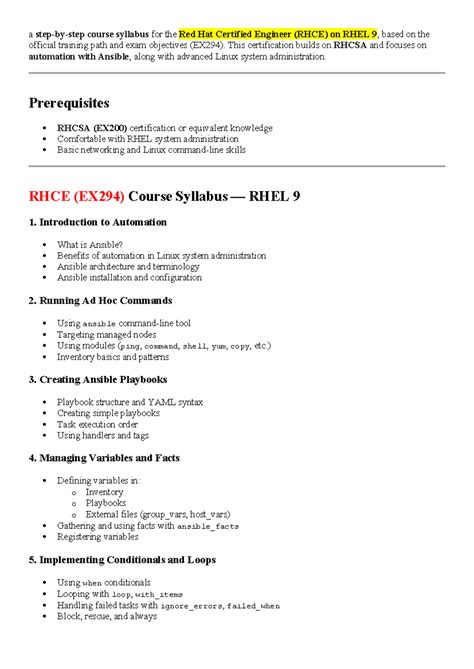 RHCE (EX294) Course Syllabus for RHEL 9 - 2025 Edition - Studocu