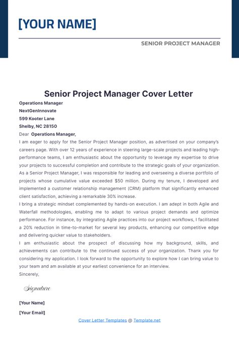 Free Senior Project Manager Cover Letter Template to Edit Online