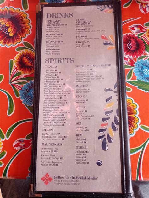 Menu at La Quebrada Restaurant, Chicago, S California Ave