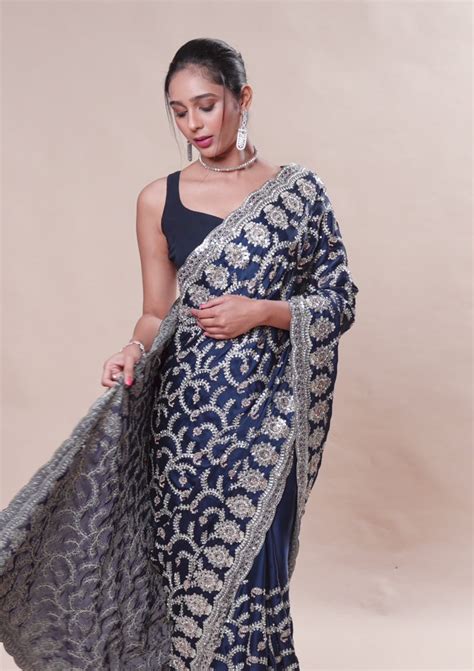 Buy Navy Blue Colour Saree Online – Koskii