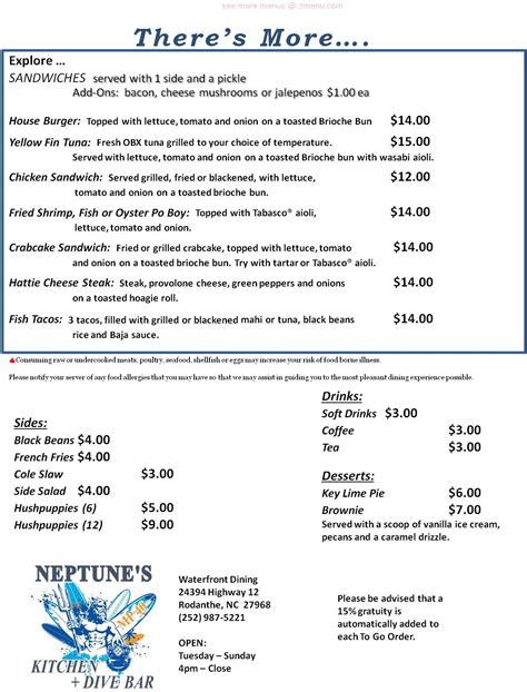 Menu at Neptunes Kitchen and Dive Bar, Rodanthe