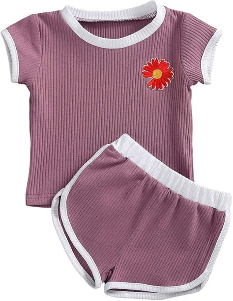 Buy Infant Baby Girl Short Sets Ribbed Knit T-Shirt & Drawstring Shorts ...