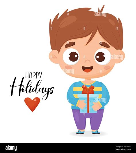 Cute boy iwith gift and inscription Happy Holidays. Vector illustration ...