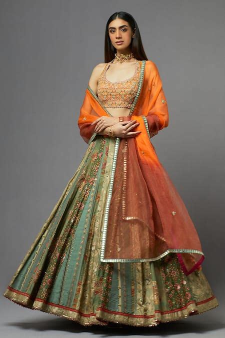 Buy Green Silk Embroidered Floral Halter Blouse Lehenga Set For Women ...