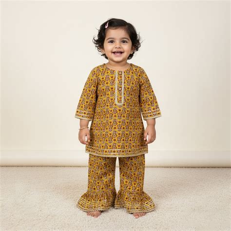 Baby Moo Sunflower Print Cotton Girls Two Piece Kurti Sharara Set - Mustard