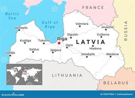 Latvia Political Map with Capital Riga, Most Important Cities and National Borders Stock ... - map of europe latvia