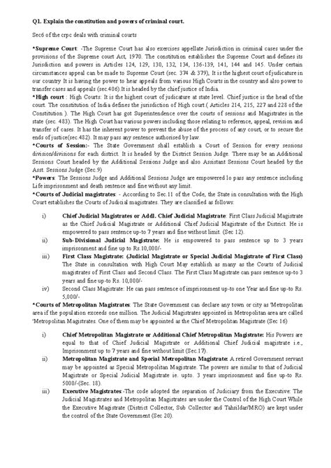 Crpc - no way - Q1. Explain the constitution and powers of criminal ...