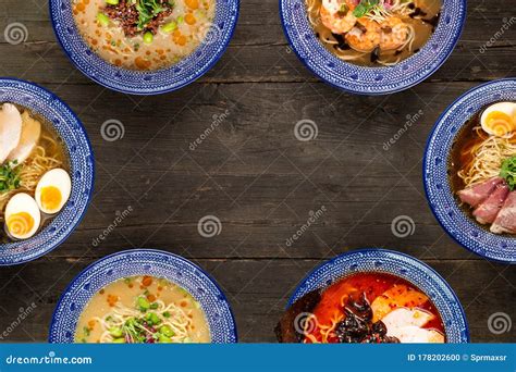 Set of Different Types of Japanese Ramen, Tantanmen, Shio Ramen Stock ...