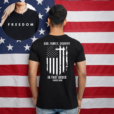God Family Country In That Order Tee, Patriotic Christian T-Shirt - Charlie Kirk Flag - country religion family